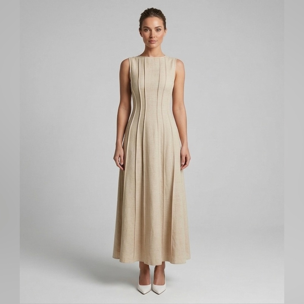 Split Pleated Waist A-Line Dress Beige - Picture 3 of 9